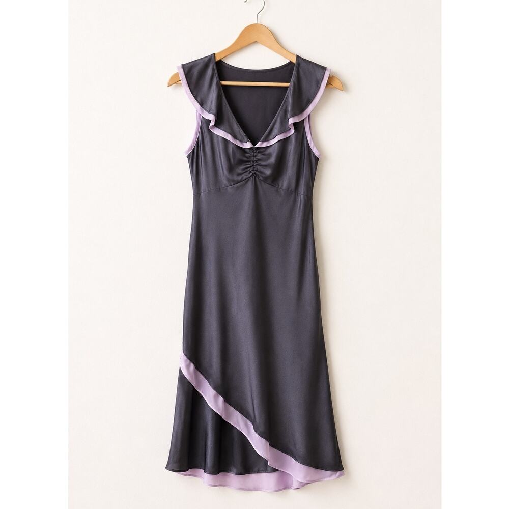 Bisou Bisou Y2K Charcoal Satin Midi Dress Lavender Ruffle Trim Slip Dress Sz 10